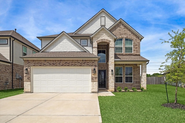 view of front facade featuring a front lawn, a shingled roof, concrete driveway, an attached garage, and fence