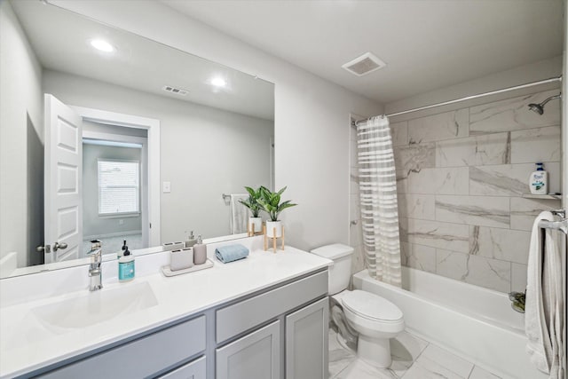 full bathroom featuring recessed lighting, shower / bathtub combination with curtain, toilet, marble finish floor, and visible vents