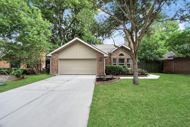 ranch-style home featuring a garage, driveway, a front lawn, and brick siding
