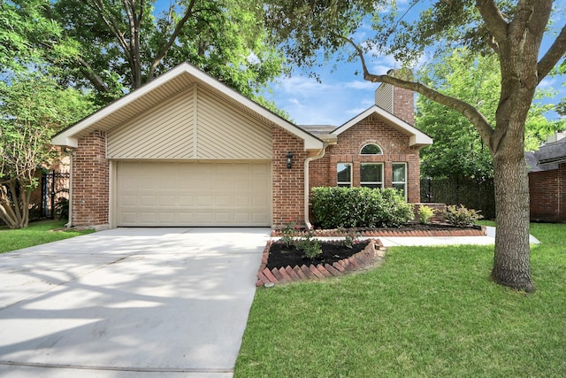view of front facade featuring a chimney, an attached garage, concrete driveway, and brick siding