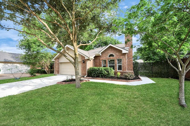 ranch-style home featuring driveway, a chimney, a front yard, a garage, and brick siding
