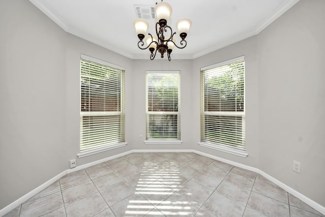 unfurnished dining area featuring baseboards, an inviting chandelier, ornamental molding, and light tile patterned floors