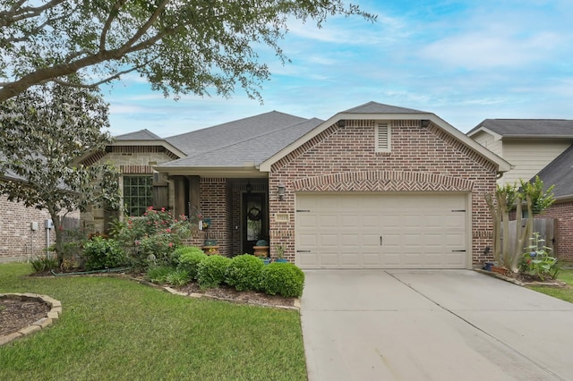 ranch-style house featuring concrete driveway, a front lawn, a shingled roof, a garage, and brick siding