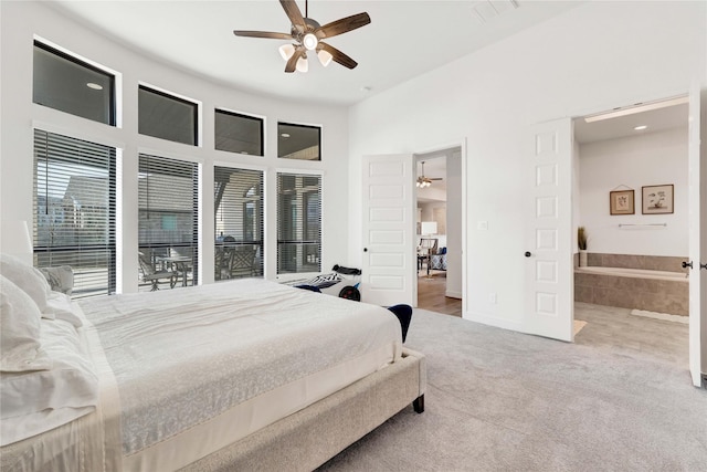 bedroom with carpet, visible vents, baseboards, and ceiling fan