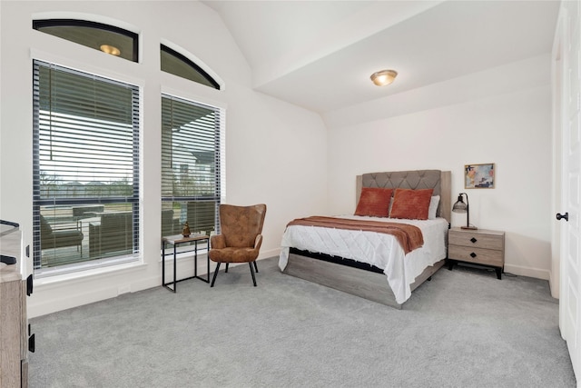 bedroom with lofted ceiling, baseboards, and carpet
