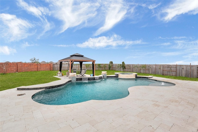 view of swimming pool with a lawn, a gazebo, a patio, and a fenced backyard