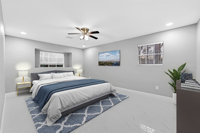 bedroom featuring recessed lighting, marble finish floor, visible vents, baseboards, and ceiling fan