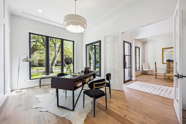 4016 Branard St, Houston, TX 77027 - office area featuring recessed lighting, plenty of natural light, baseboards, and light wood-type flooring