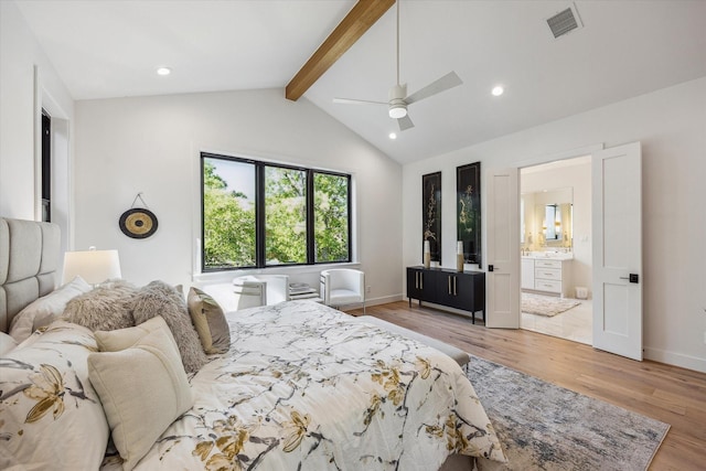 4016 Branard St, Houston, TX 77027 - bedroom with a ceiling fan, lofted ceiling with beams, light wood finished floors, ensuite bath, and visible vents