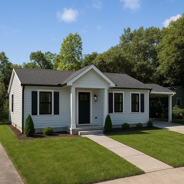 view of front of house featuring roof with shingles, an attached carport, driveway, and a front lawn