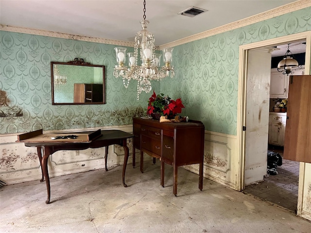 dining room with wallpapered walls, visible vents, a notable chandelier, and ornamental molding