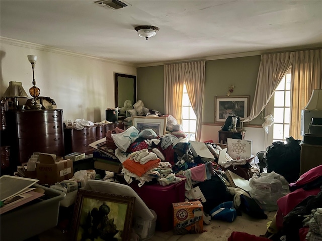 miscellaneous room with visible vents, a wealth of natural light, and ornamental molding