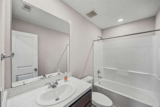 full bath with toilet, shower / bathtub combination, vanity, and visible vents