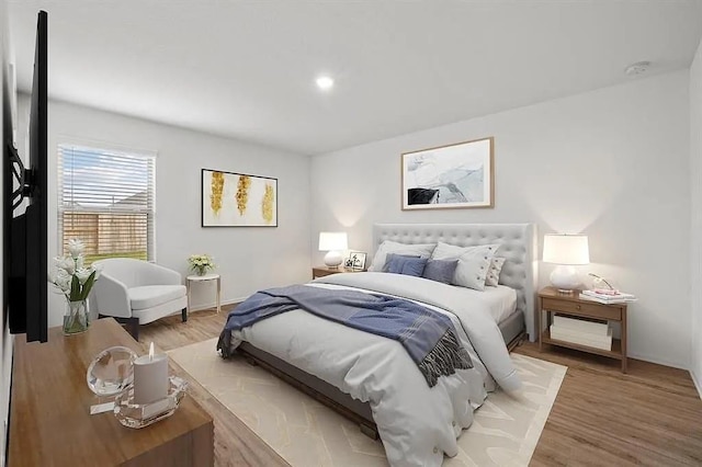 bedroom featuring light wood-style flooring, baseboards, and recessed lighting