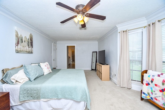 bedroom with crown molding, a textured ceiling, ceiling fan, and light colored carpet