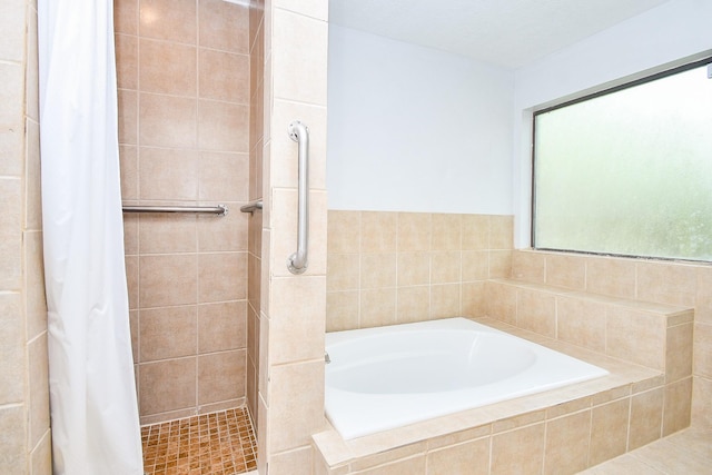 bathroom with a shower stall and a bath