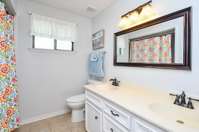full bath featuring toilet, tile patterned floors, visible vents, and a sink