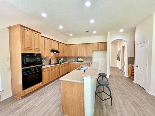 26936 Chateau Lake Dr, Kingwood, TX 77339 - kitchen featuring under cabinet range hood, a sink, arched walkways, light wood-style floors, and black appliances