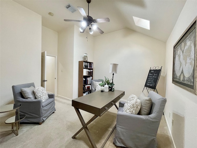26936 Chateau Lake Dr, Kingwood, TX 77339 - office space featuring light carpet, baseboards, visible vents, vaulted ceiling with skylight, and ceiling fan