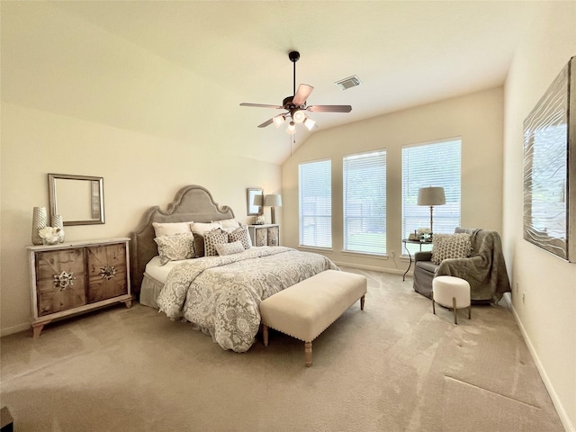 26936 Chateau Lake Dr, Kingwood, TX 77339 - bedroom featuring vaulted ceiling, baseboards, visible vents, and light colored carpet