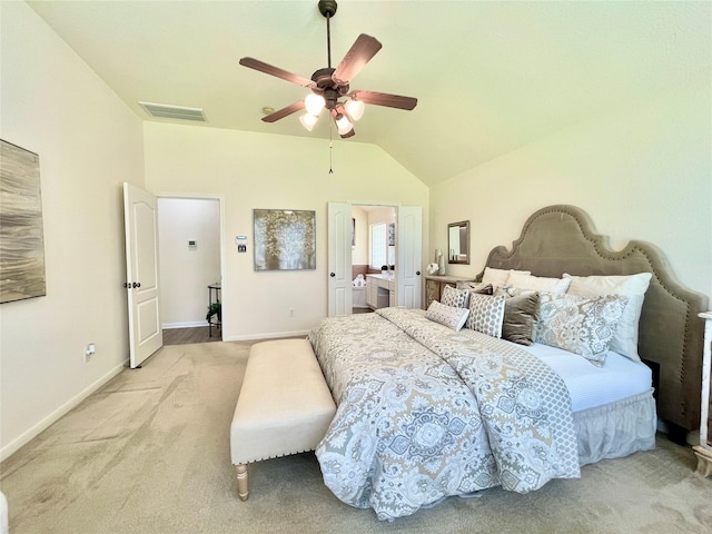 26936 Chateau Lake Dr, Kingwood, TX 77339 - bedroom with baseboards, vaulted ceiling, visible vents, and light carpet