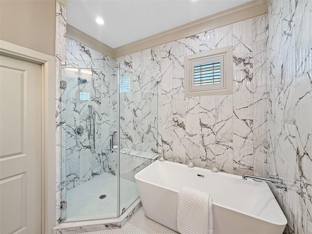 full bathroom with recessed lighting, a marble finish shower, tile walls, crown molding, and a soaking tub