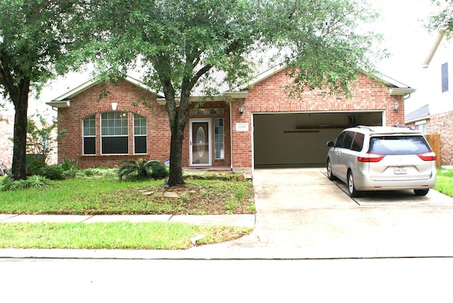 ranch-style house featuring concrete driveway, an attached garage, and brick siding