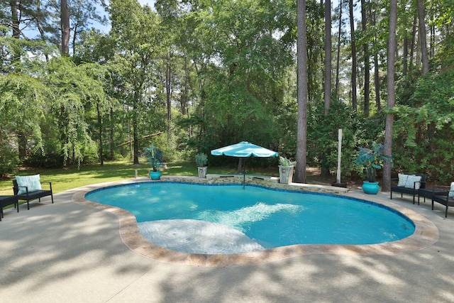 outdoor pool featuring a lawn and a patio area