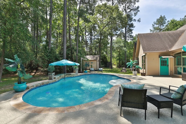 pool featuring an outdoor structure, a patio area, and a storage shed