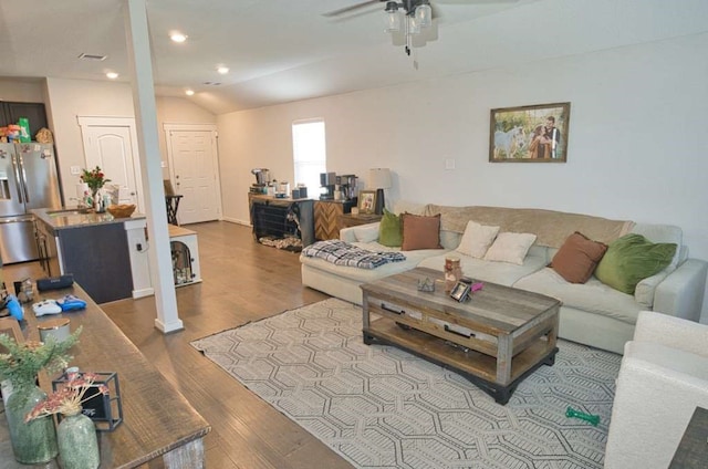 219 Lisa Marie Dr, Angleton, TX 77515 - living room featuring ceiling fan, vaulted ceiling, wood finished floors, and recessed lighting