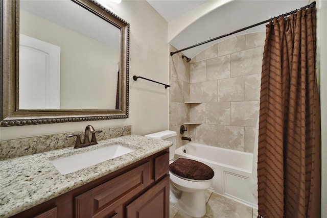 bathroom with toilet, shower / bath combination with curtain, vanity, and tile patterned floors