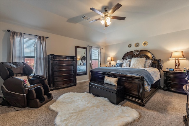 2214 Del Mar Dr, Texas City, TX 77568 - bedroom with vaulted ceiling, visible vents, carpet flooring, and ceiling fan
