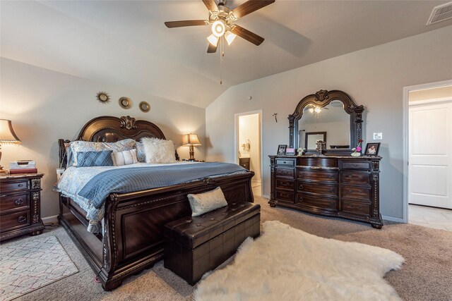 2214 Del Mar Dr, Texas City, TX 77568 - bedroom featuring vaulted ceiling, visible vents, light colored carpet, and ensuite bathroom
