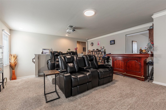2214 Del Mar Dr, Texas City, TX 77568 - cinema room featuring light carpet, baseboards, and crown molding