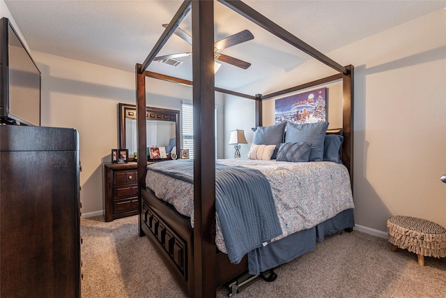 2214 Del Mar Dr, Texas City, TX 77568 - bedroom with baseboards, visible vents, light colored carpet, and ceiling fan