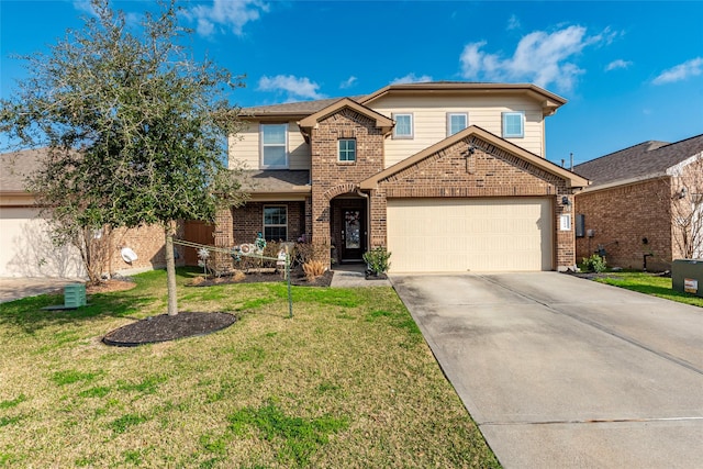 2214 Del Mar Dr, Texas City, TX 77568 - traditional home featuring concrete driveway, a front lawn, brick siding, and a garage