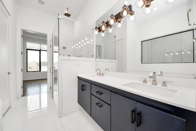 1512 Malone St, Houston, TX 77007 - full bathroom with a stall shower, double vanity, a sink, and tile patterned floors