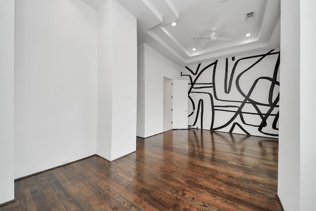 1512 Malone St, Houston, TX 77007 - spare room with a raised ceiling, ceiling fan, visible vents, recessed lighting, and wood finished floors