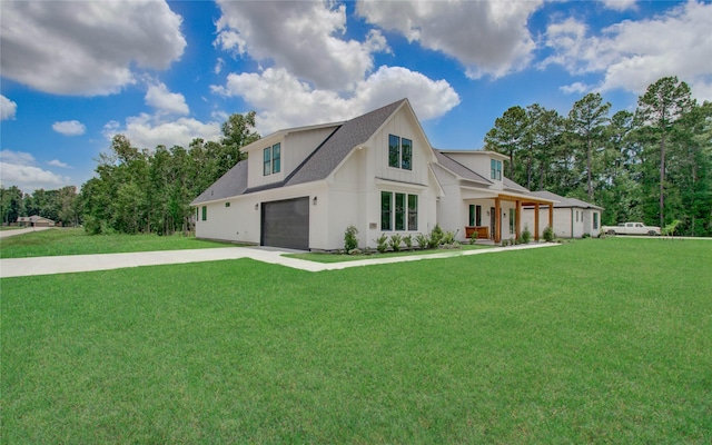 view of front of house with a front lawn, driveway, a porch, a garage, and a shingled roof