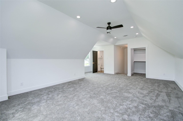 bonus room featuring recessed lighting, vaulted ceiling, baseboards, carpet flooring, and ceiling fan