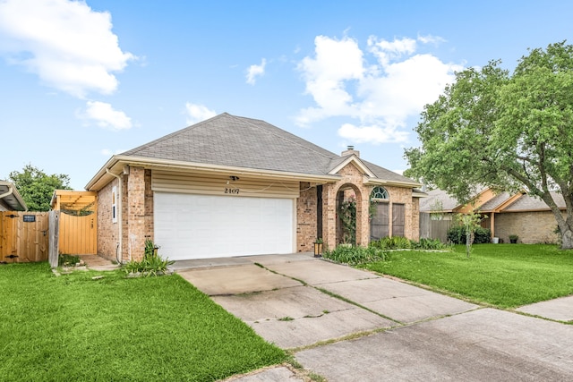 single story home with brick siding, a front yard, concrete driveway, and a gate