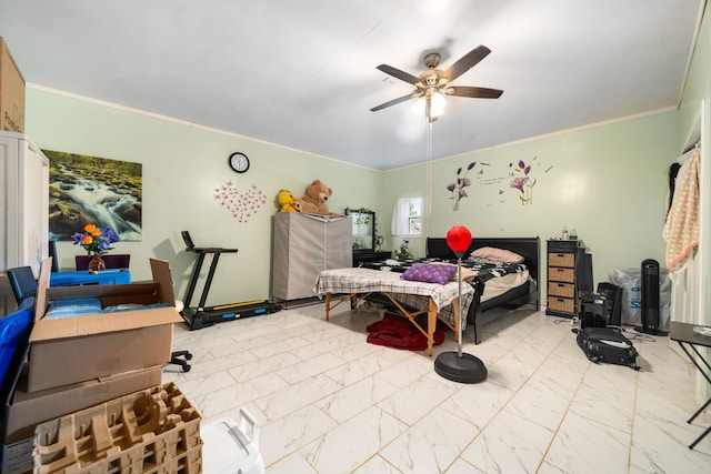 bedroom with a ceiling fan, marble finish floor, and crown molding