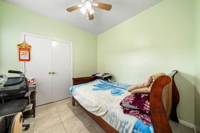 bedroom featuring ceiling fan and light tile patterned floors