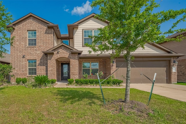 view of front of house featuring brick siding, an attached garage, driveway, and a front yard
