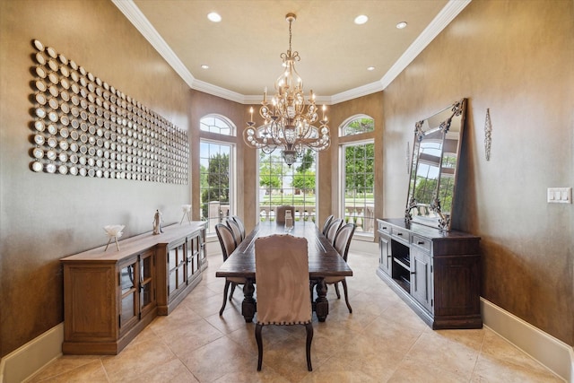 dining area with recessed lighting, ornamental molding, baseboards, and a notable chandelier