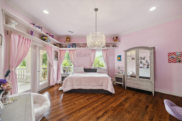 bedroom featuring recessed lighting, a notable chandelier, access to outside, ornamental molding, and dark wood finished floors