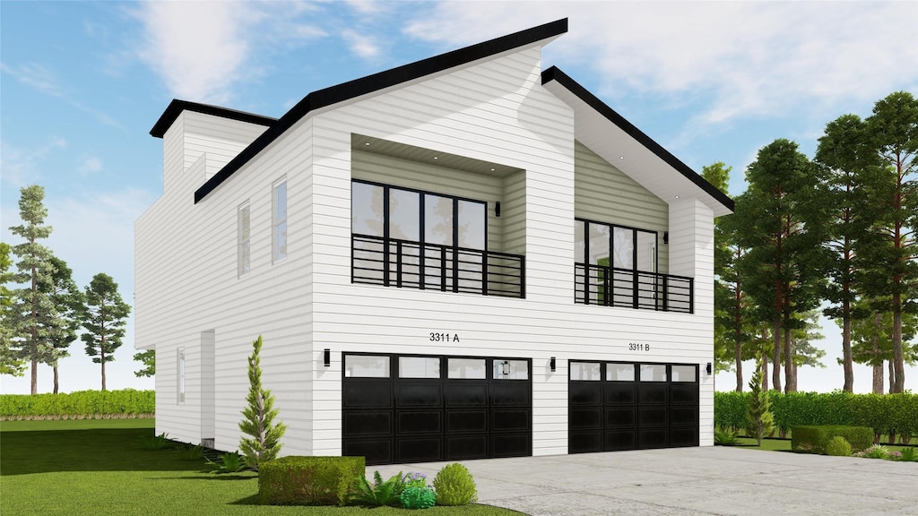 view of side of property featuring an attached garage, concrete driveway, a lawn, and a balcony