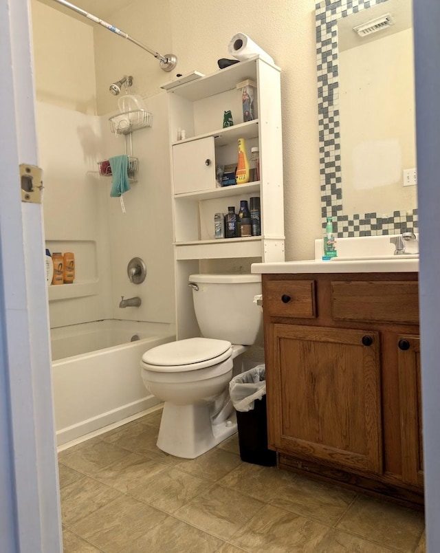 full bathroom with visible vents, tasteful backsplash, vanity, toilet, and washtub / shower combination
