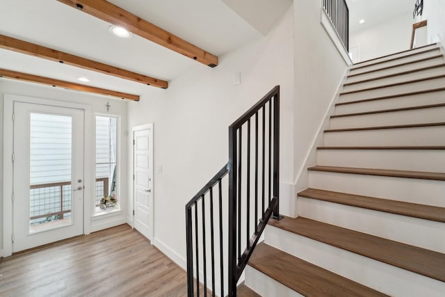 2520 Ohsfeldt St, Houston, TX 77008 - foyer with beam ceiling, stairway, wood finished floors, and recessed lighting