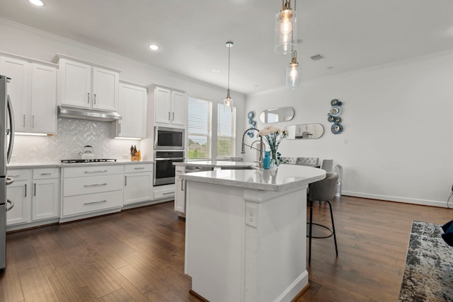 kitchen featuring a sink, appliances with stainless steel finishes, crown molding, and under cabinet range hood